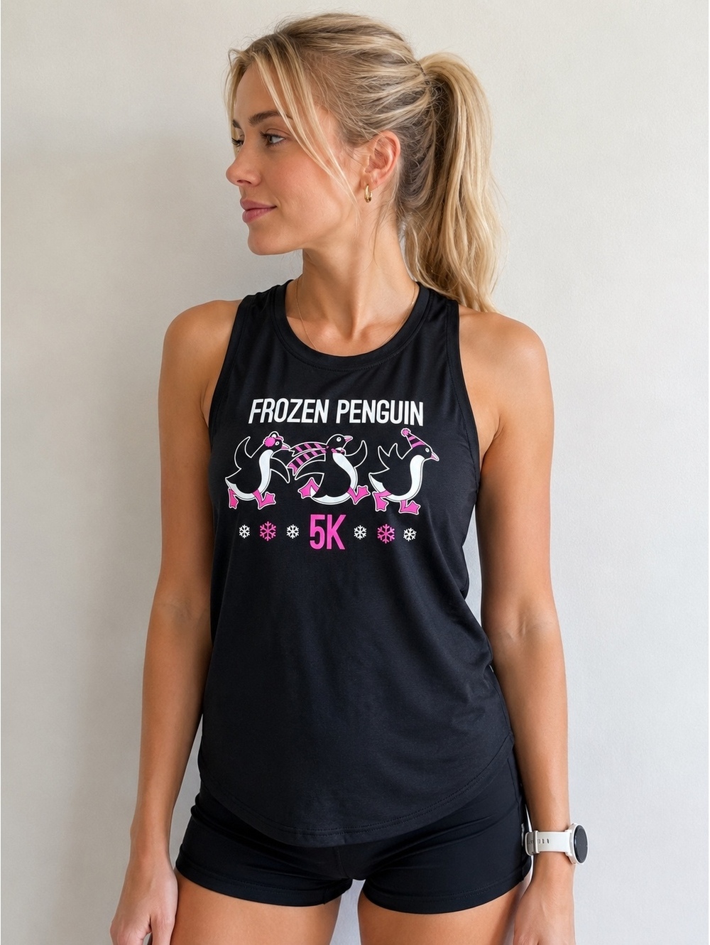 Leslie Jordan Frozen Penguin 5K Running Tank Top Black Pink Women’s Medium